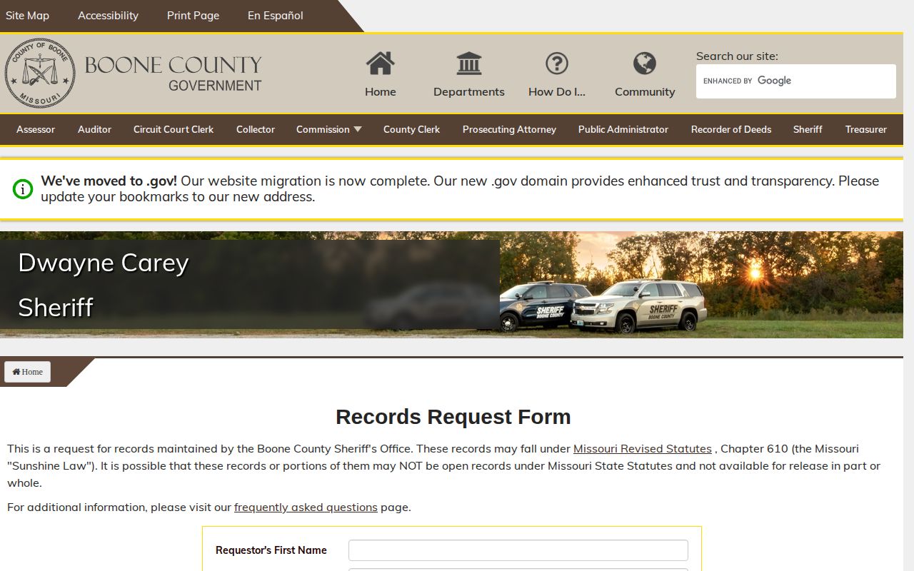 Boone County booking record request fields on the official sheriff records form