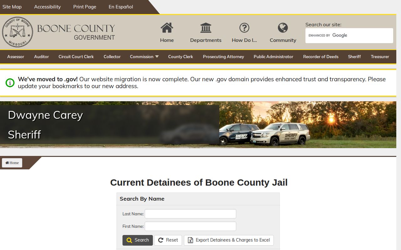 Boone County current detainee roster search fields and booking record list