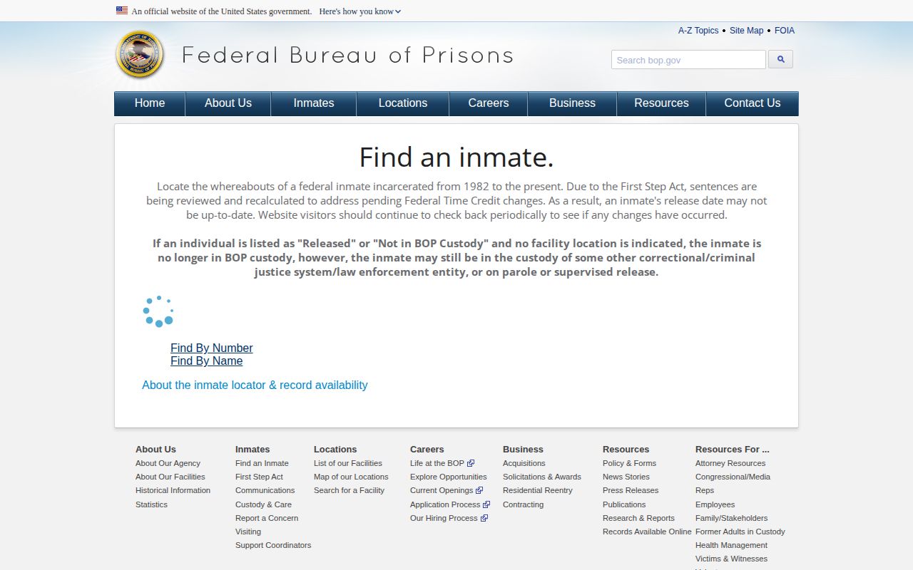 Federal BOP inmate locator distinct from Boone County booking records