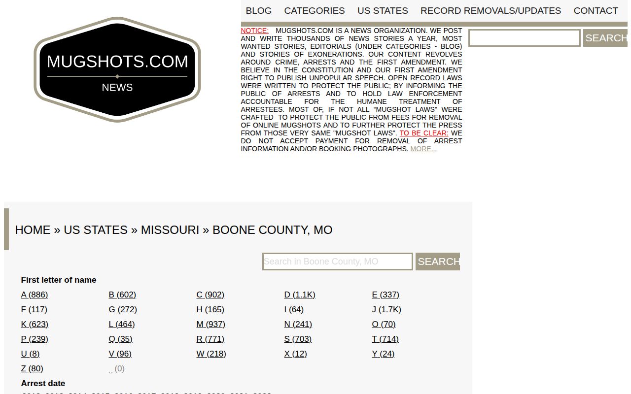 Boone County historical booking-record source shown as an unofficial archive